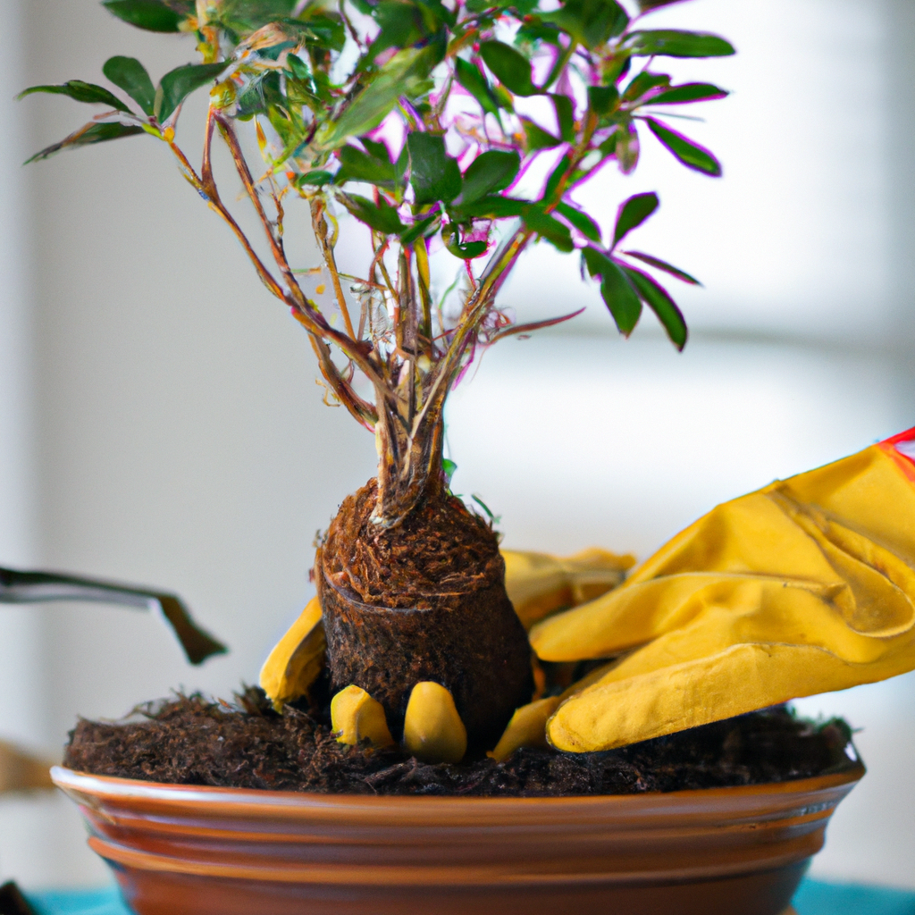 A bonsai plant being carefully lifted out of a pot to be transplanted